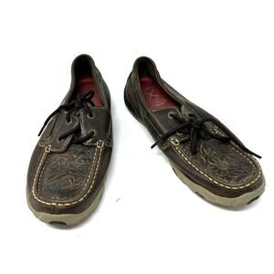 Twisted x Boots Size 8 Loafer Brown Leather Floral Embossed Laced Tread Outdoors